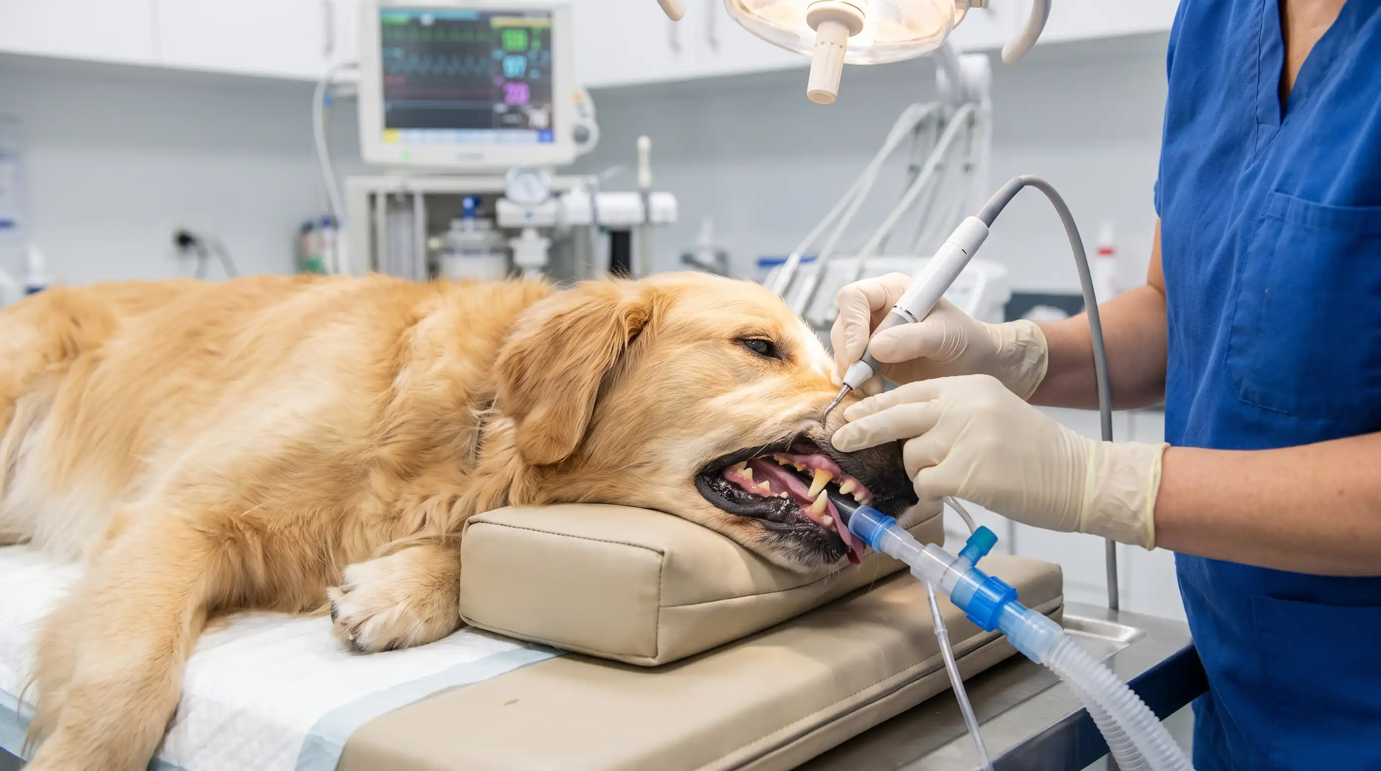 Professional veterinary clean - dog undergoing veterinary clinical dental care and monitoring